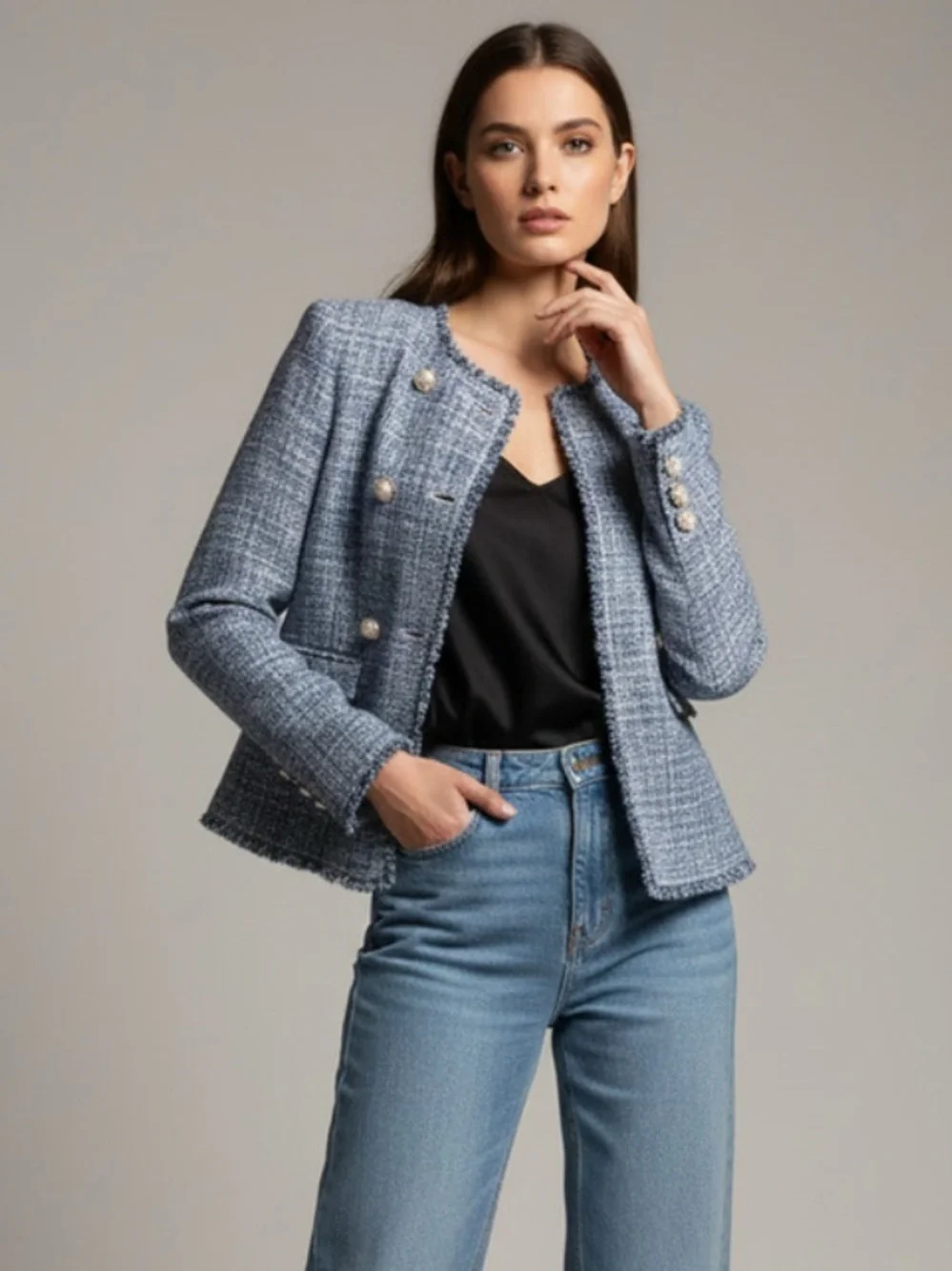 Anthropologie Blue Tweed Fringe Cropped Blazer with Pearl Buttons | 16